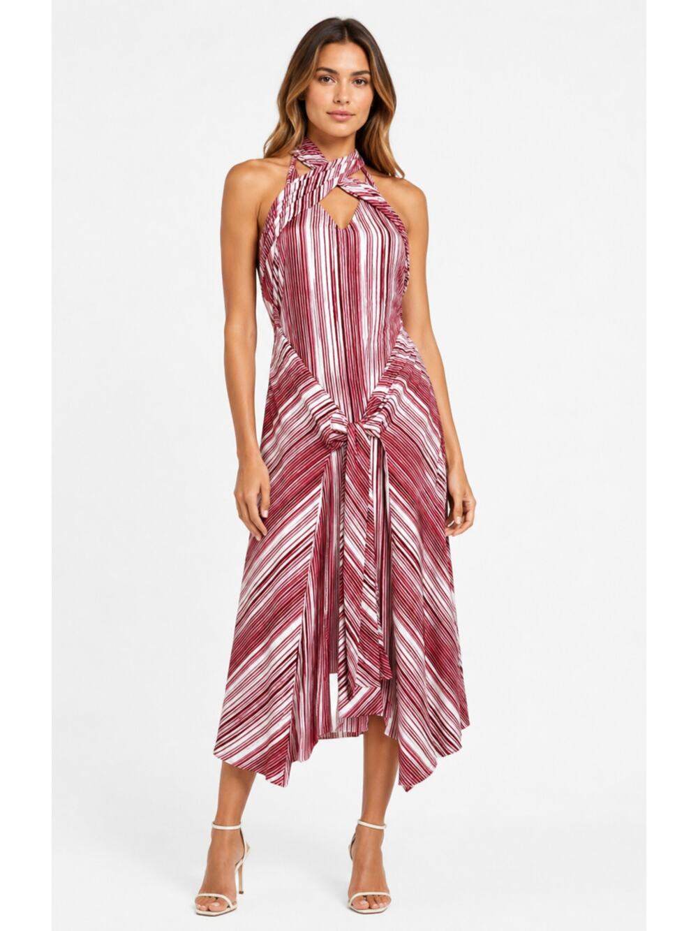 Max Mara Silk Striped Midi Dress Red White Luxury Italian Fashion US Size 6